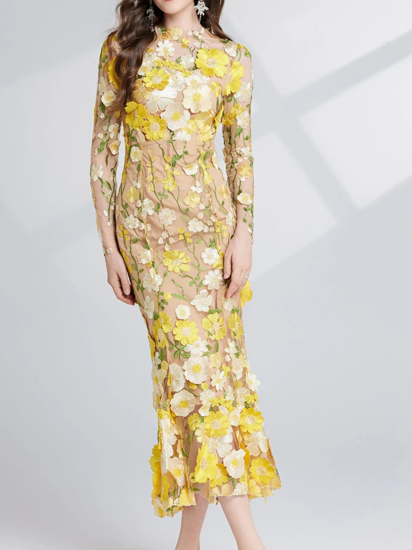 Floral embroidered mesh maxi dress with long sleeves, by Pinup Girl Clothing, sizes XS to 4X.