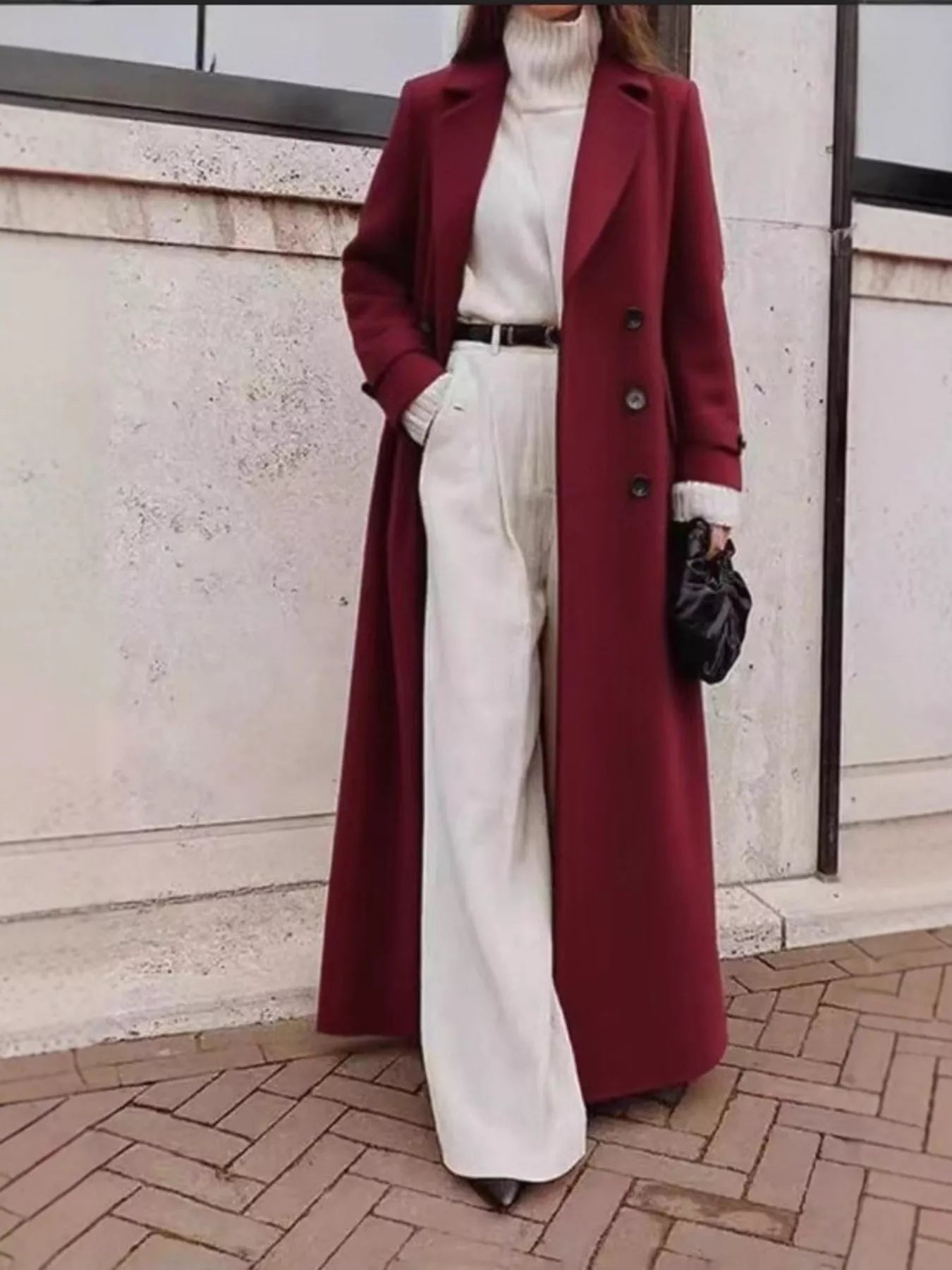 Late Show double-breasted longline coat in burgundy red by Pinup Girl Clothing
