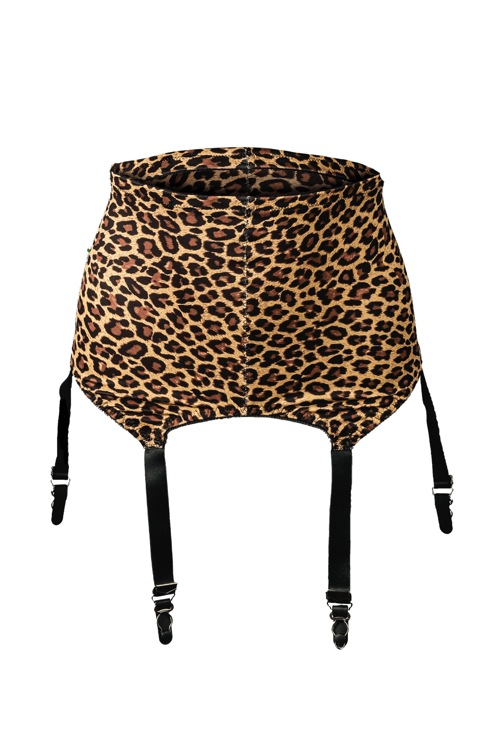 Six-strap shaping garter belt by Pinup Girl Clothing in leopard print.