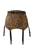 Six-strap shaping garter belt by Pinup Girl Clothing in leopard print.