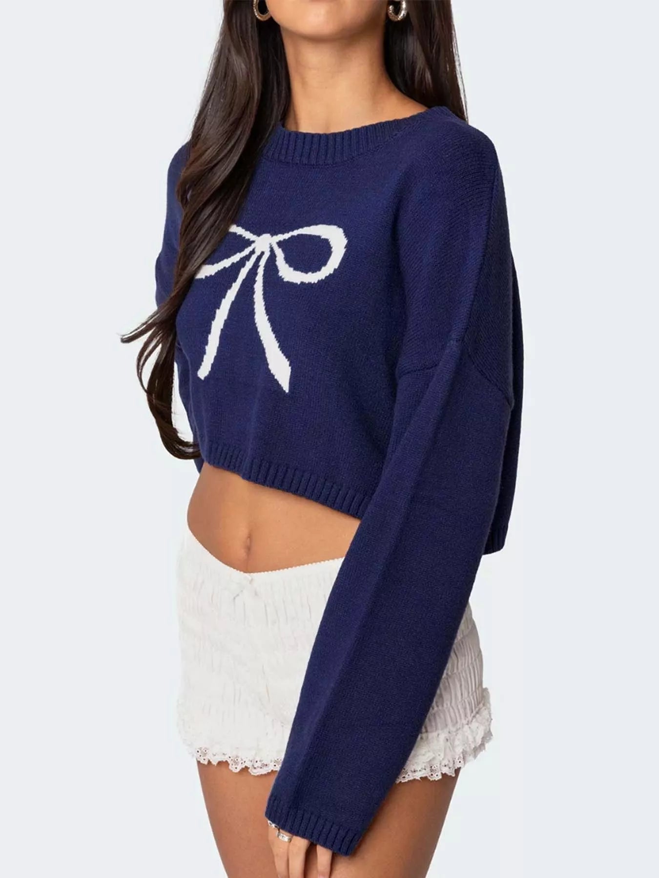 Bow Peep cropped sweater in navy blue, long sleeve detail
