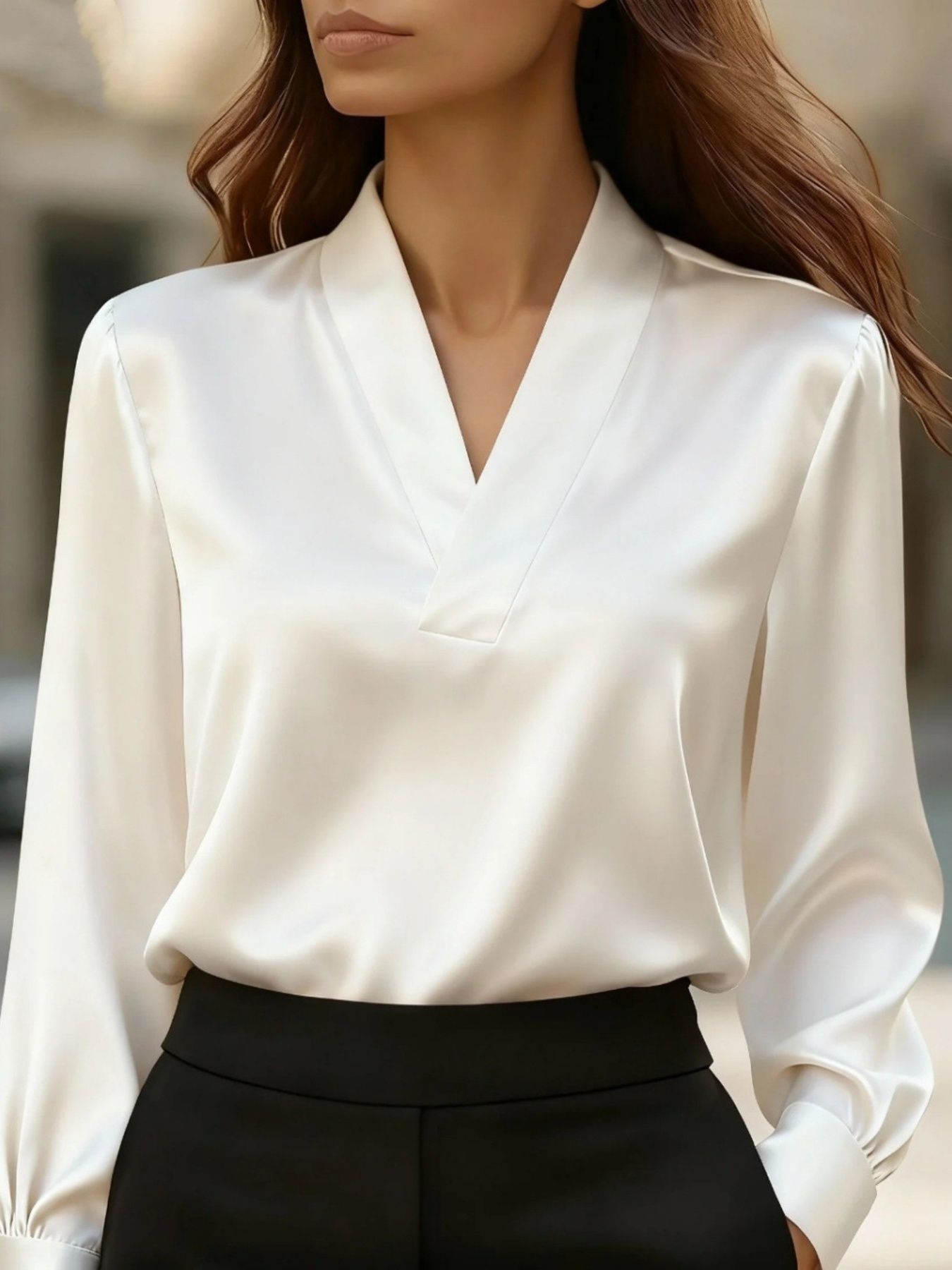 Vintage Noir V-neck satin blouse in white by Pinup Girl Clothing.