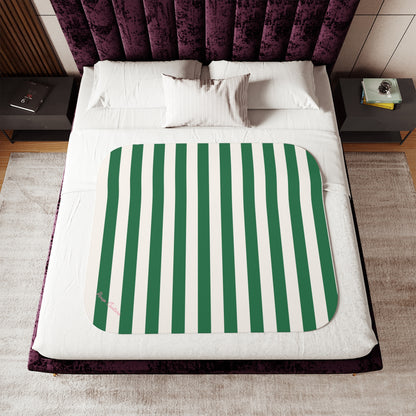 Ultra Fuzz Green and White Mark Stripe Print Sherpa Blanket — Reversible Two‑Tone Cozy Throw | Pinup Couture