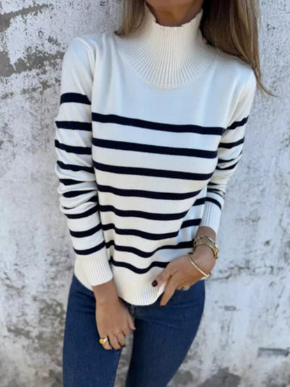 Marquee stripe button-detail turtleneck sweater in white by Pinup Girl Clothing