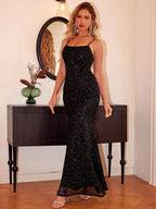 Sequin square-neck maxi slip dress by Pinup Girl Clothing, in black, sizes XS to L.