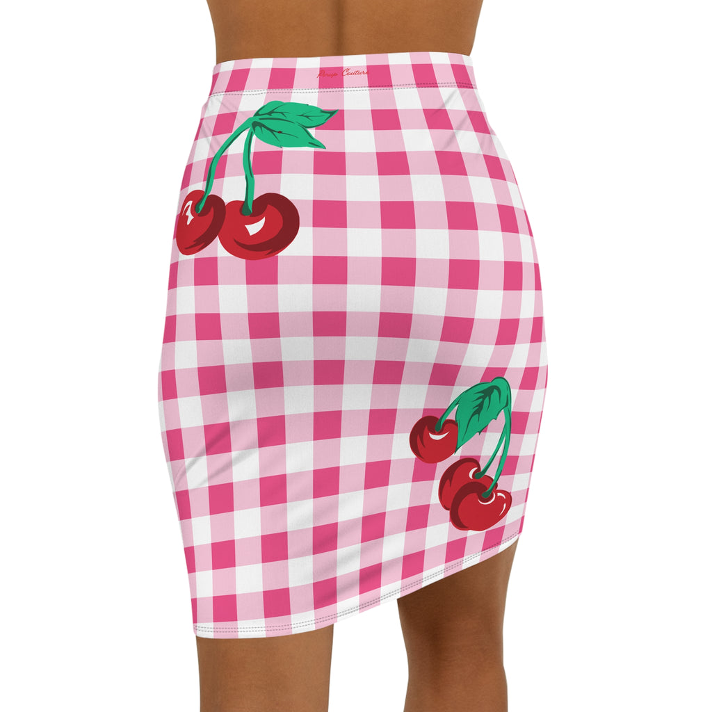 Women's 1990s Fitted Mini Skirt in Pink Gingham Vintage Cherries Print