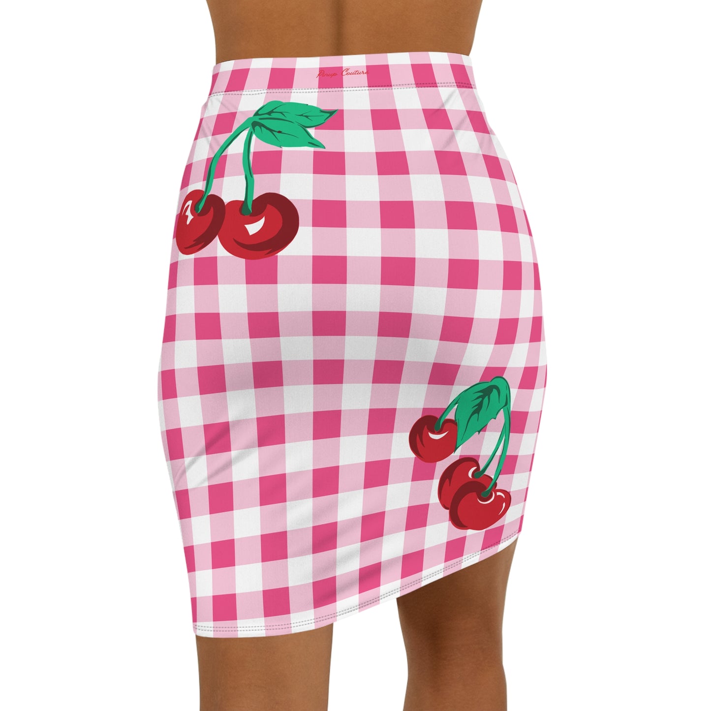 Women's 1990s Fitted Mini Skirt in Pink Gingham Vintage Cherries Print