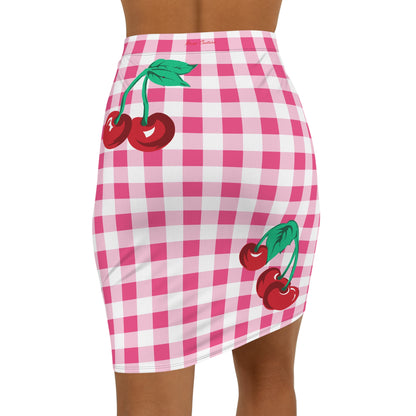 Women's 1990s Fitted Mini Skirt in Pink Gingham Vintage Cherries Print