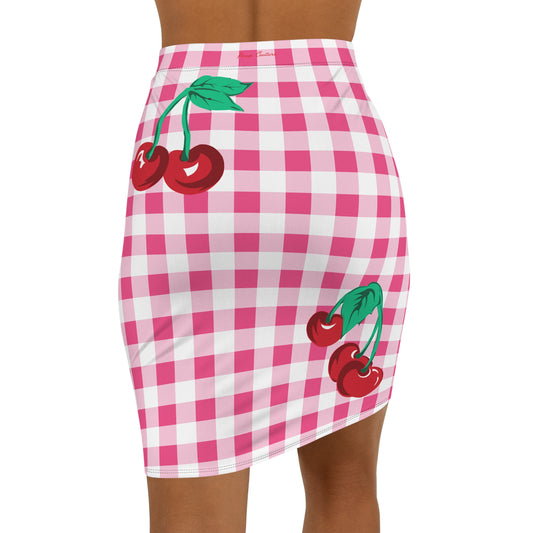 Women's 1990s Fitted Mini Skirt in Pink Gingham Vintage Cherries Print