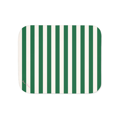 Ultra Fuzz Green and White Mark Stripe Print Sherpa Blanket — Reversible Two‑Tone Cozy Throw | Pinup Couture