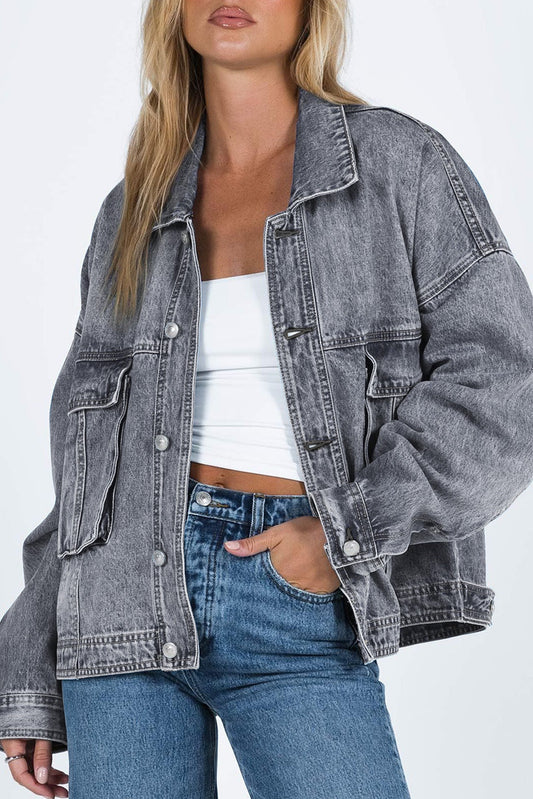 Weekend Pass drop shoulder denim jacket in grey by Pinup Girl Clothing