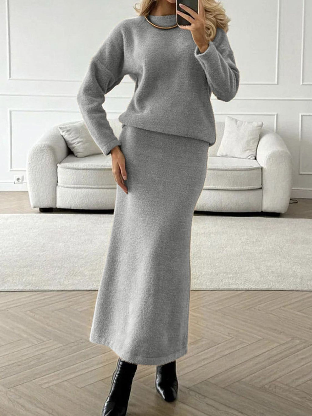 Mia Round Neck Dropped Shoulder Top and Midi Skirt Knit Set | 5 Colors