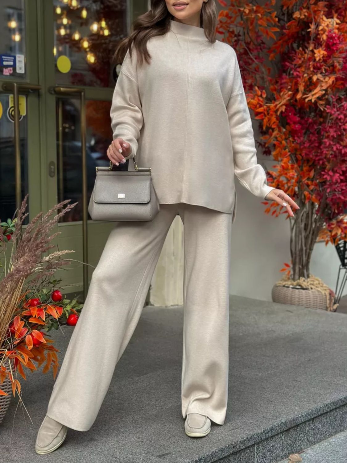 Gabriella Slit Mock Neck Top and Pants Sweater Set | 4 Colors