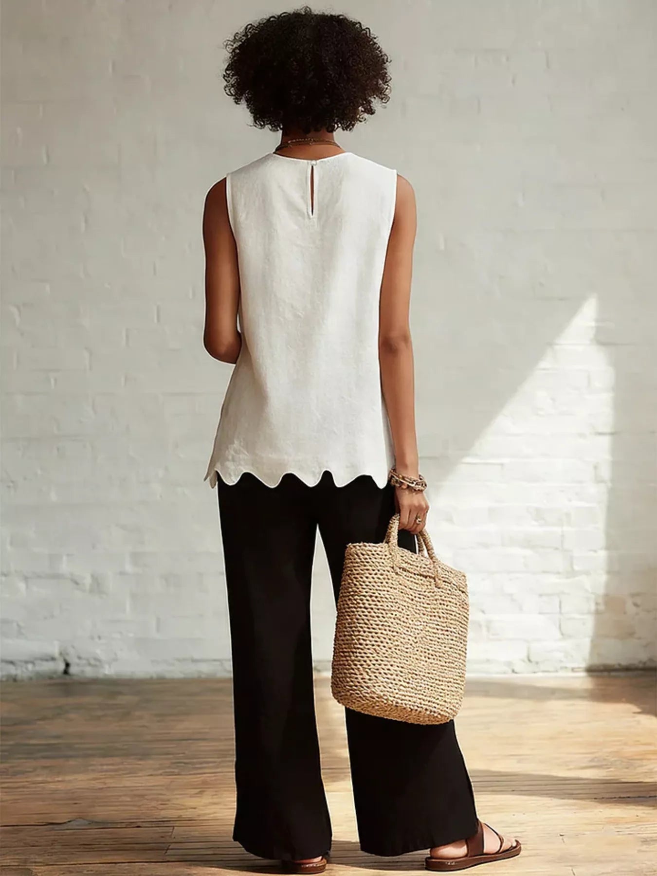 Odile scalloped hem sleeveless blouse shown from the back, by Pinup Girl Clothing