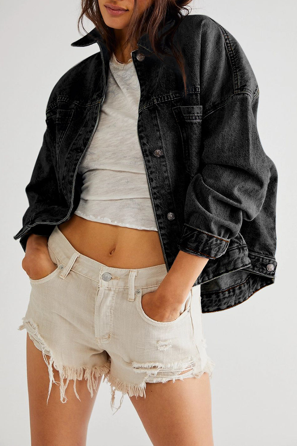 Down By The River oversized black denim jacket showing the turn-down collar and chest pockets