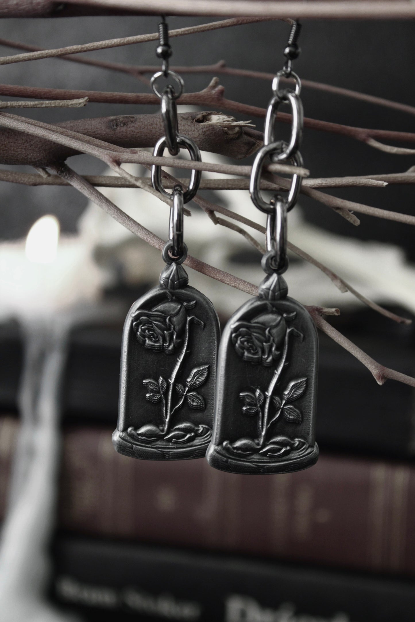 Blackened silver rose cloche drop earrings on chain, by The Pretty Cult