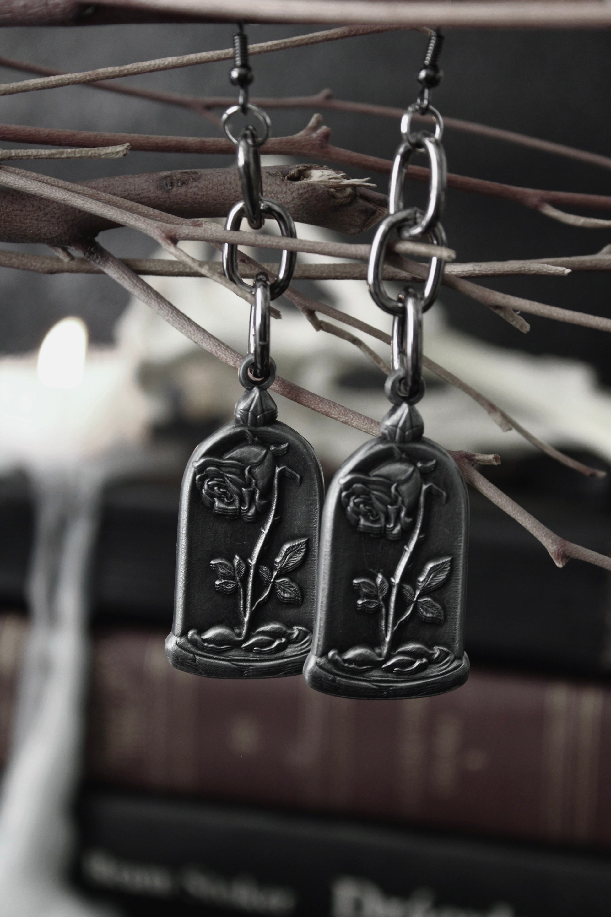 Blackened silver rose cloche drop earrings on chain, by The Pretty Cult