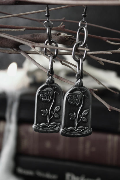 Blackened silver rose cloche drop earrings on chain, by The Pretty Cult