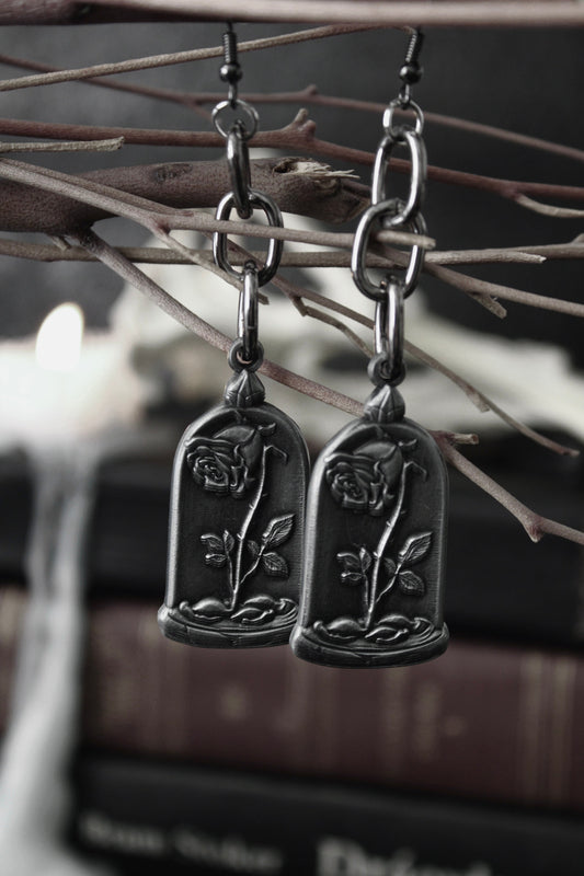Blackened silver rose cloche drop earrings on chain, by The Pretty Cult