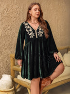 Embroidered V-Neck Long Sleeve Dress | Poundton