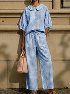 Bettina gingham blouse and wide-leg pants set in blue and white gingham, by Pinup Girl Clothing