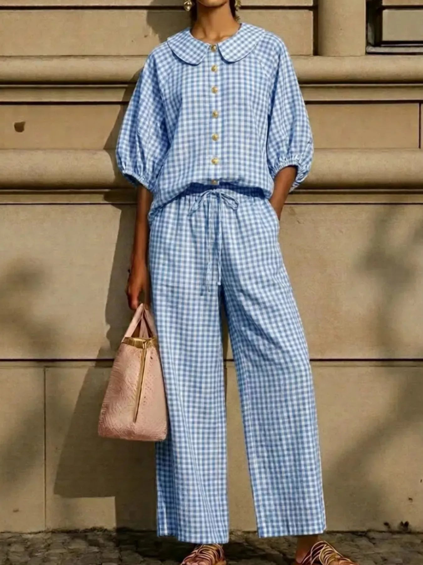 Bettina gingham blouse and wide-leg pants set in blue and white gingham, by Pinup Girl Clothing