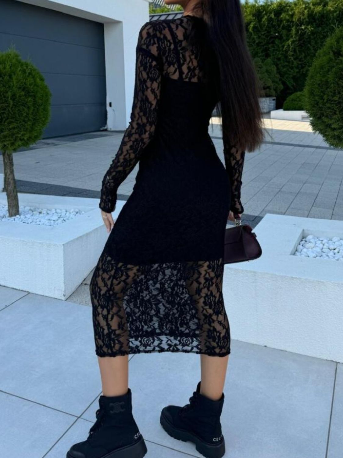 Lace Round Neck Long Sleeve Midi Dress | Poundton