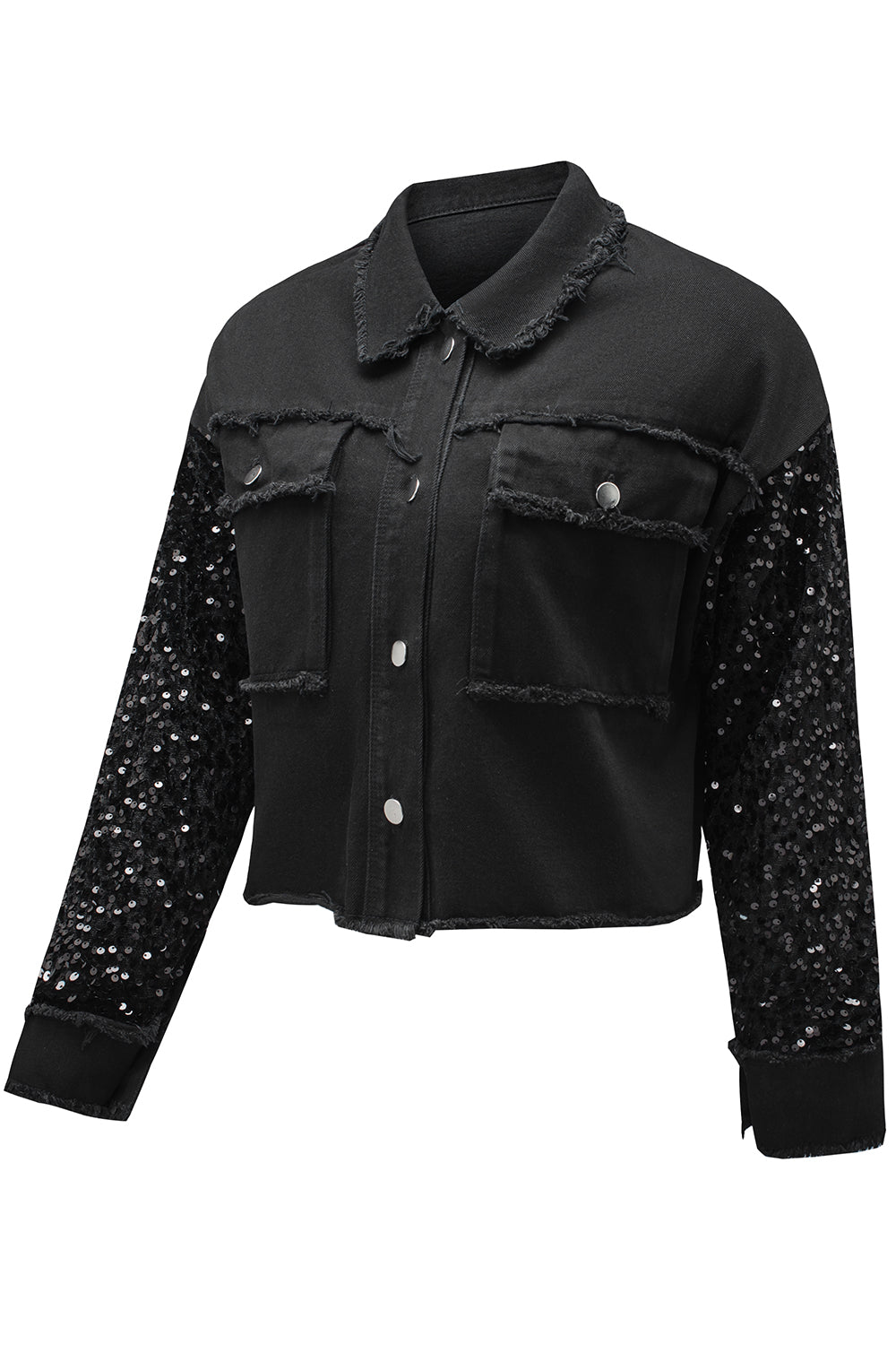 Rare Tour Raw Hem Denim Jacket with Black Sequin Sleeves