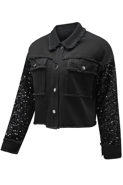 Rare Tour Raw Hem Denim Jacket with Black Sequin Sleeves