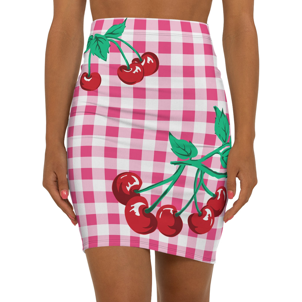 Women's 1990s Fitted Mini Skirt in Pink Gingham Vintage Cherries Print