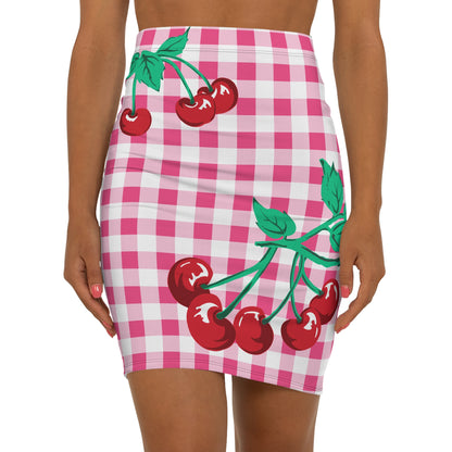 Women's 1990s Fitted Mini Skirt in Pink Gingham Vintage Cherries Print
