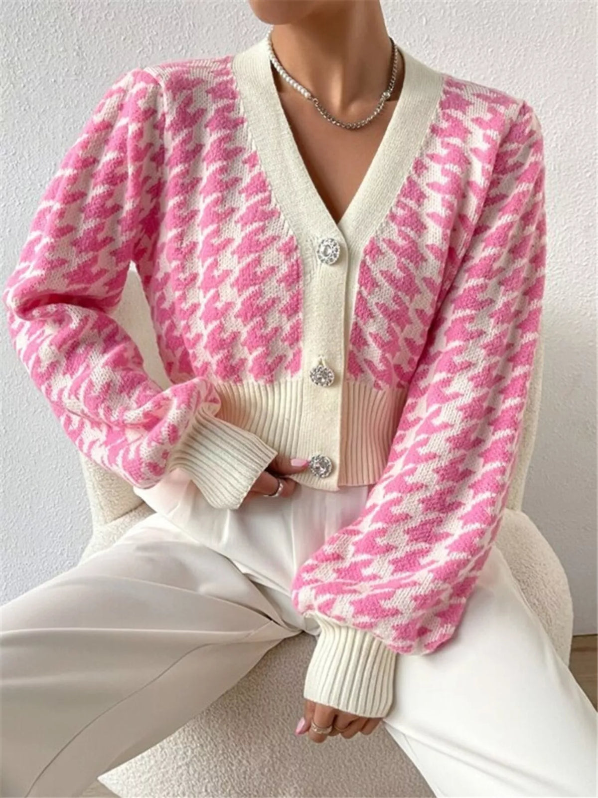 Houndstooth V-neck button cardigan in dusty pink by Pinup Girl Clothing