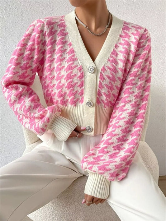 Houndstooth V-neck button cardigan in dusty pink by Pinup Girl Clothing