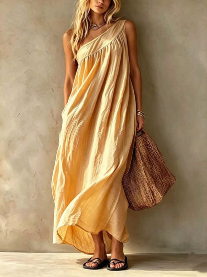 Delphine One-Shoulder Maxi Dress in Pastel Yellow by Pinup Girl Clothing