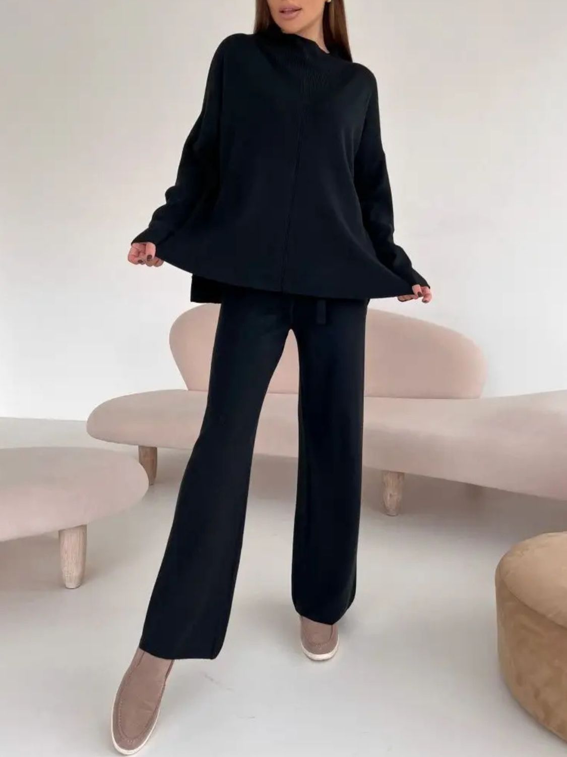 Gabriella Slit Mock Neck Top and Pants Sweater Set | 4 Colors