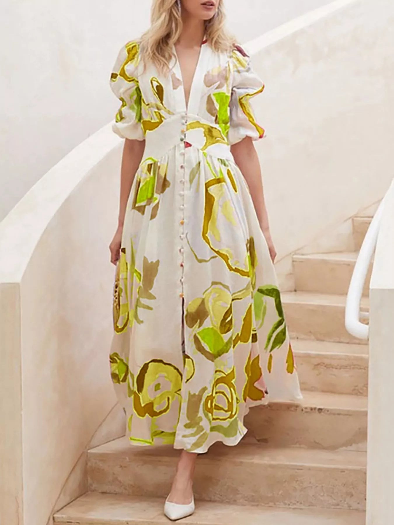 Genevieve painted print puff sleeve maxi dress in gold by Pinup Girl Clothing