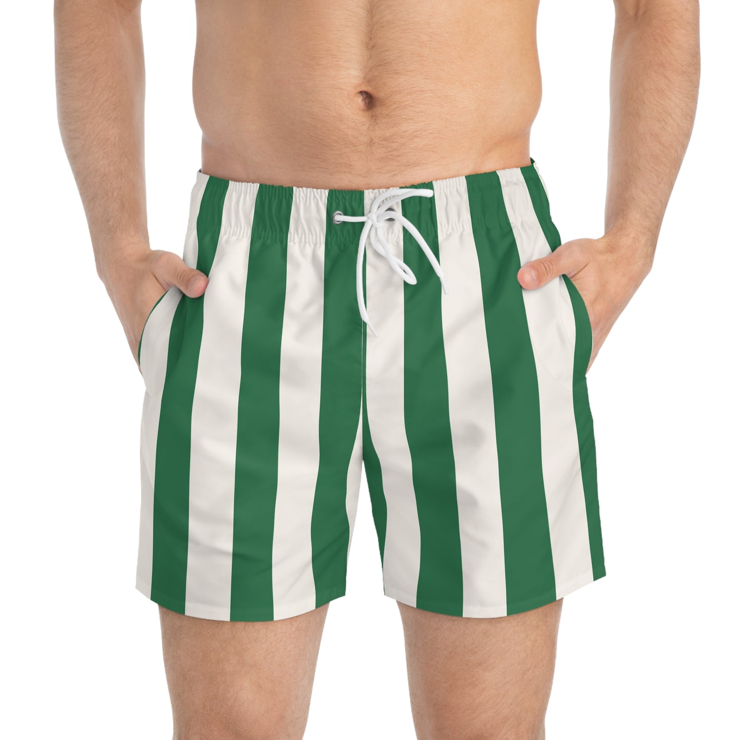 Green and White Mark Stripe Men's Swim Trunks | Pinup Couture Swim
