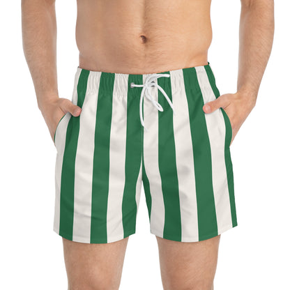 Green and White Mark Stripe Men's Swim Trunks | Pinup Couture Swim