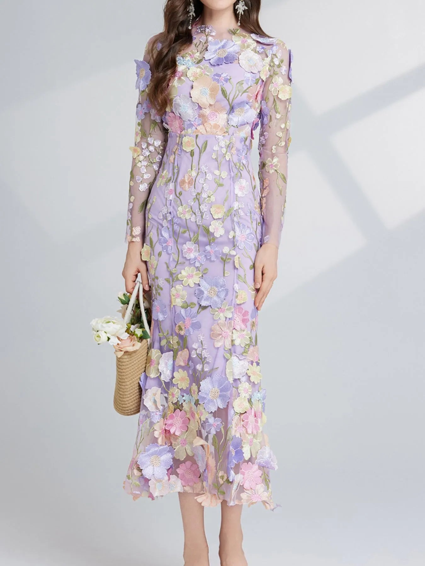 Floral embroidered mesh maxi dress with long sleeves, by Pinup Girl Clothing, sizes XS to 4X.