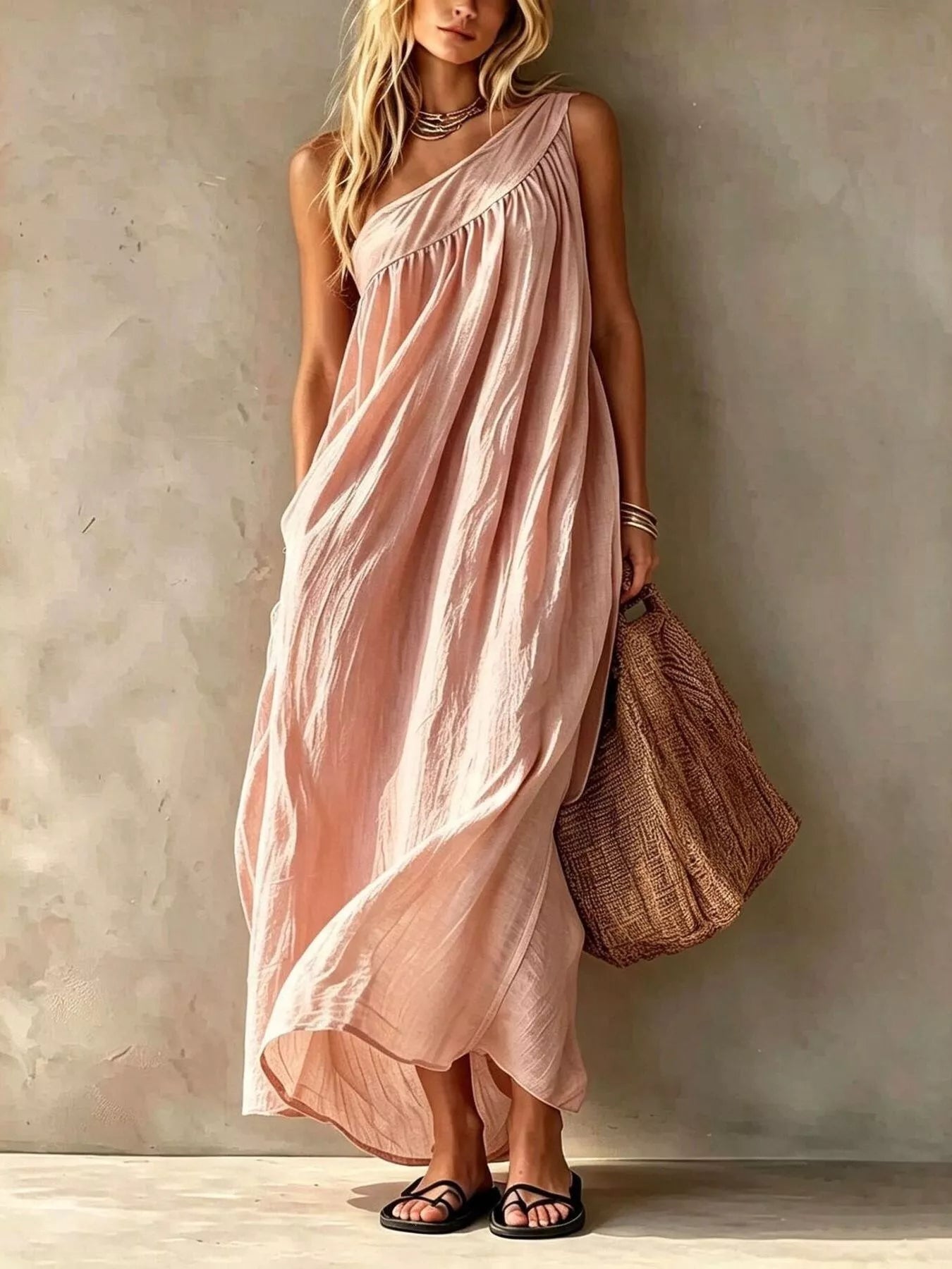 Delphine One-Shoulder Maxi Dress in Blush Pink by Pinup Girl Clothing