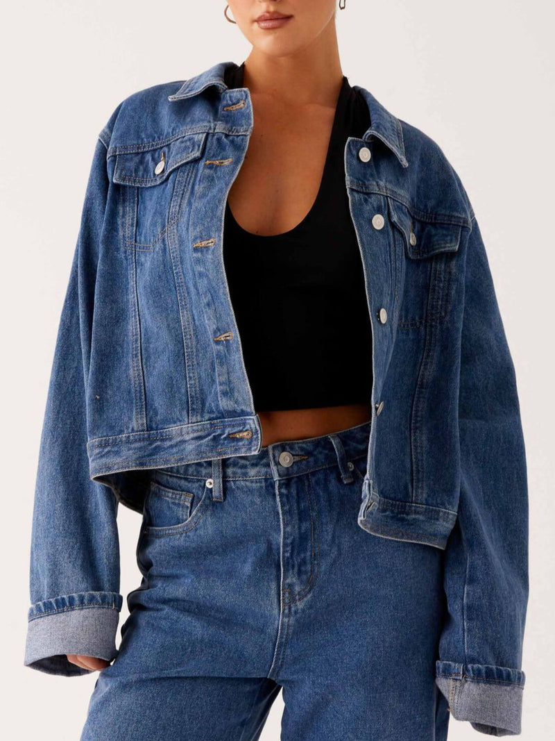 Cropped Oversized Button-Down Denim Jacket