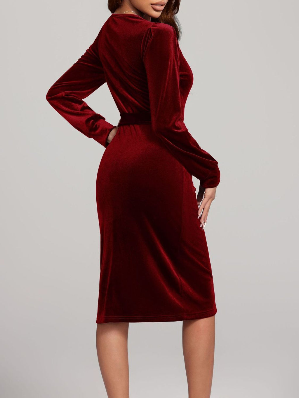 Round Neck Tie Waist Long Sleeve Velvet Dress | 4 Colors | Poundton