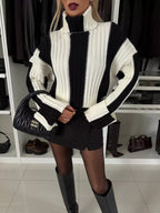 Bold stripe ribbed turtleneck sweater in black by Pinup Girl Clothing