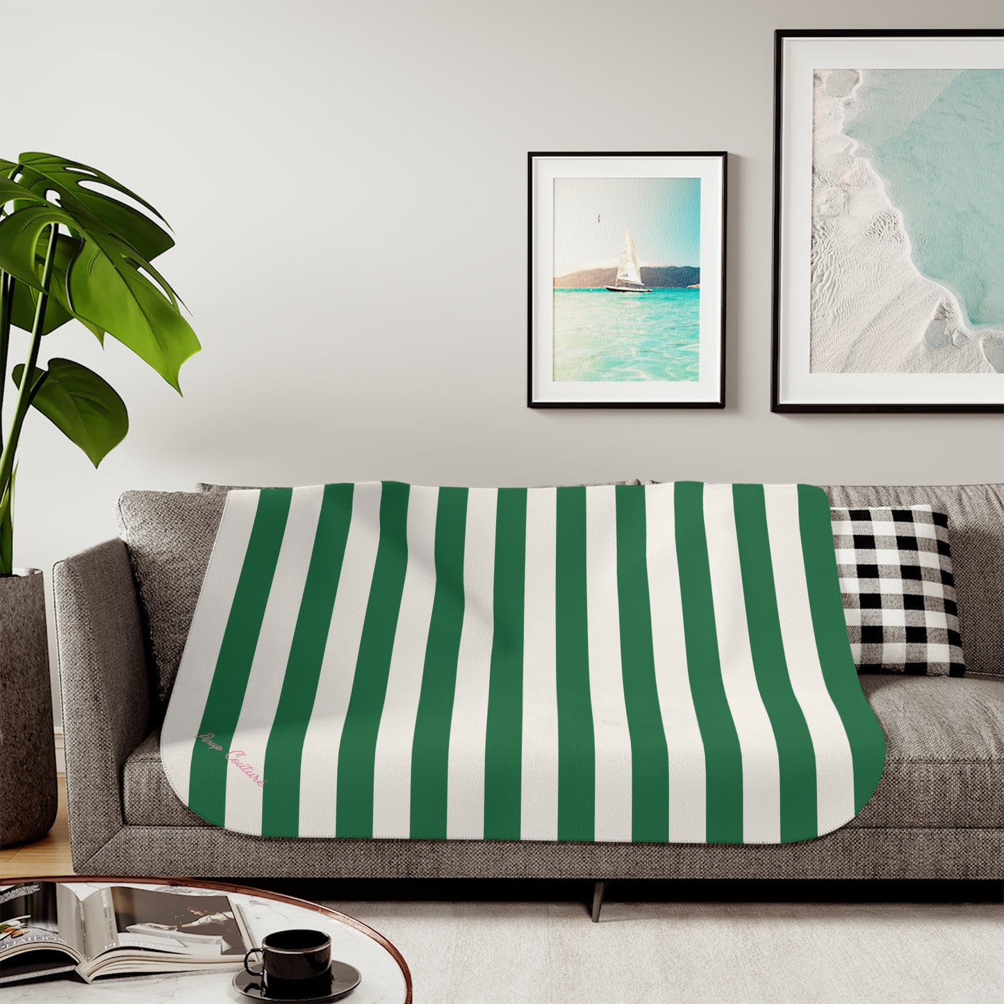 Ultra Fuzz Green and White Mark Stripe Print Sherpa Blanket — Reversible Two‑Tone Cozy Throw | Pinup Couture