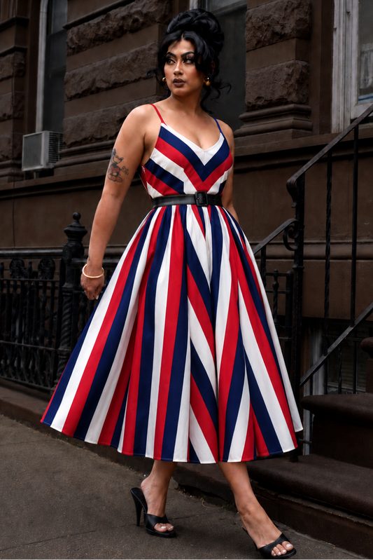 Amalie Ballerina 70's Style Swing Dress in Red White and Blue Mark Stripe
