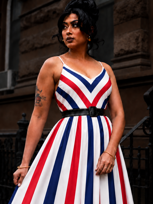 Amalie Ballerina 70's Style Swing Dress in Red White and Blue Mark Stripe
