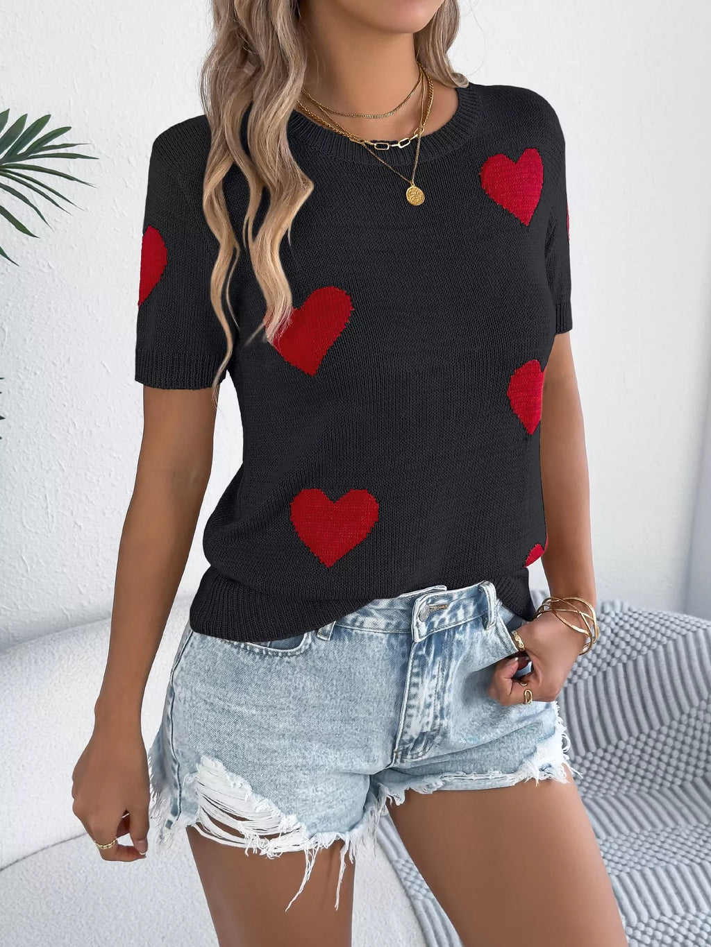 Amour Cherie heart-print short-sleeve knit top by Pinup Girl Clothing