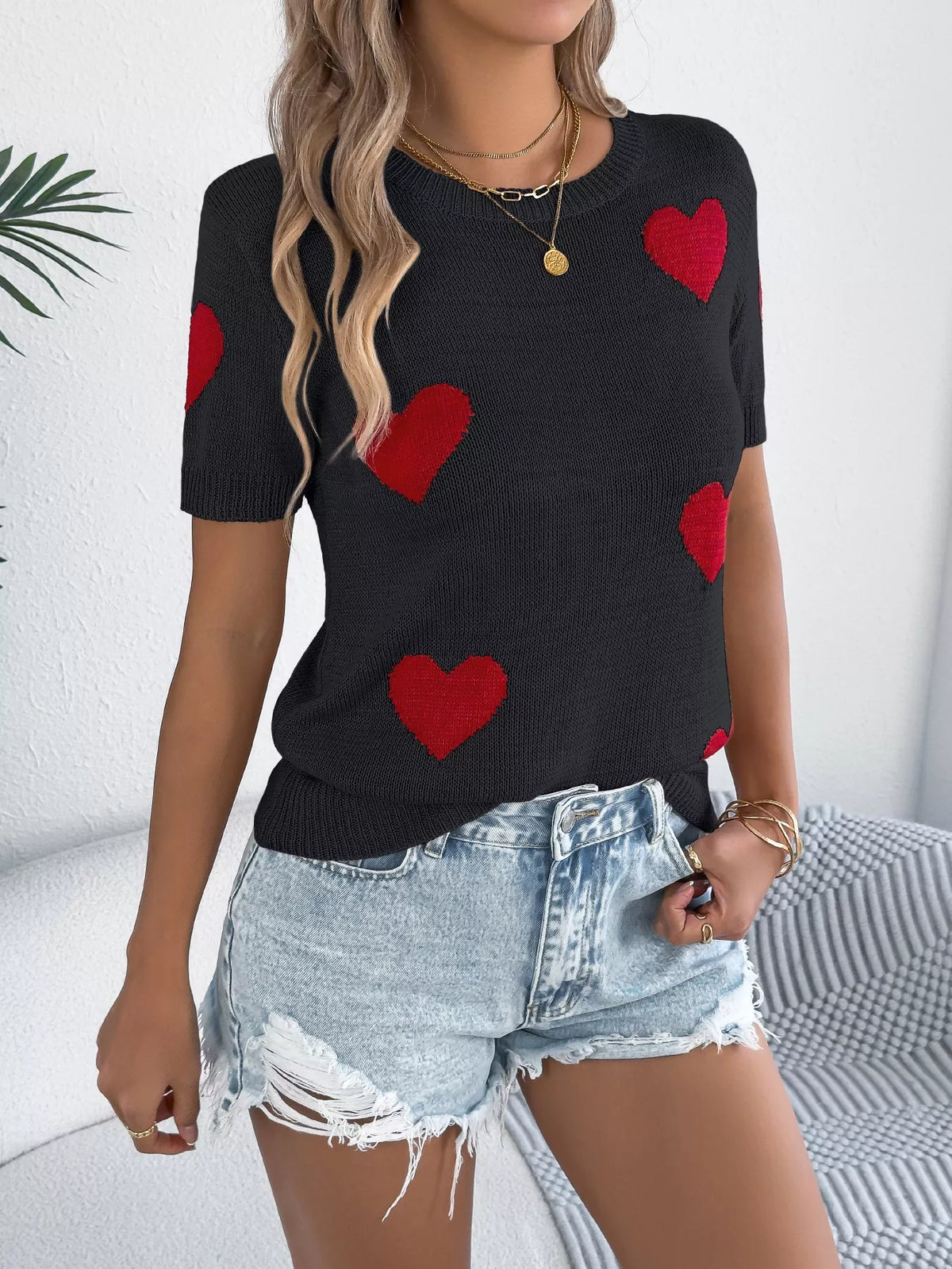 Amour Cherie heart-print short-sleeve knit top by Pinup Girl Clothing