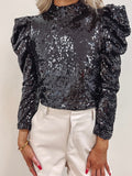 Mali Bubble Sleeve Sequin Top in Black