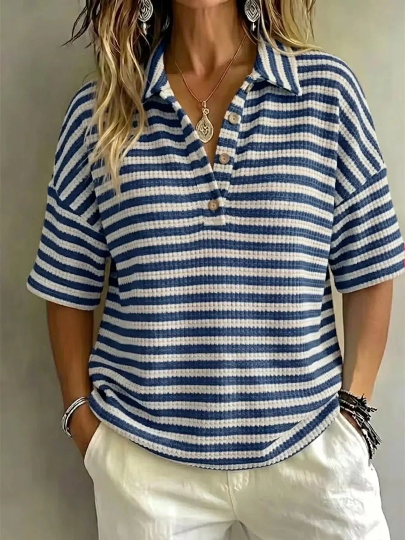 Marion Striped Knit Polo in Blue by Pinup Girl Clothing